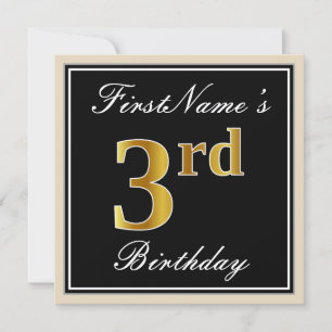 Invitation Elégant, Noir, Faux Or 3ème Anniversaire + Nom