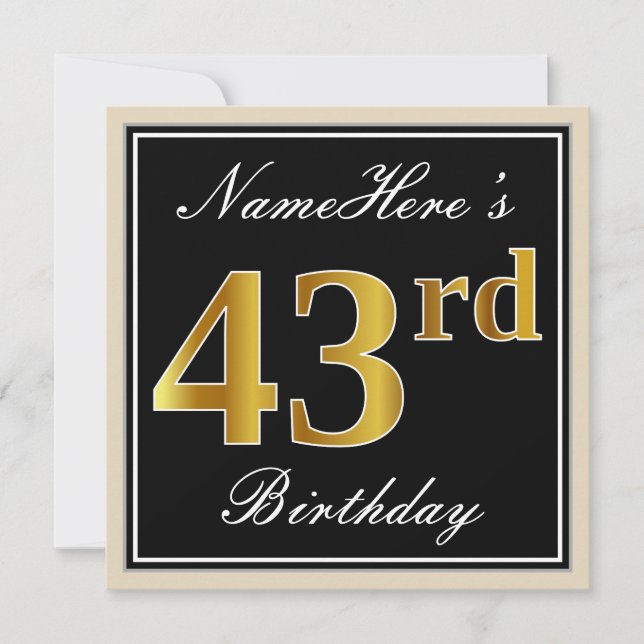 Invitation Elégant, Noir, Faux Or 43ème Anniversaire + Nom (Devant)