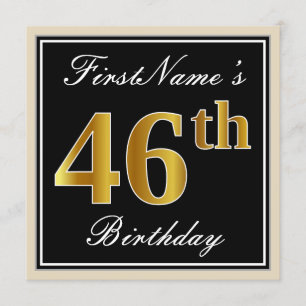 Invitation Elégant, Noir, Faux Or 46ème Anniversaire + Nom