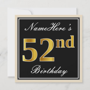 Invitation Elégant, Noir, Faux Or 52ème Anniversaire + Nom