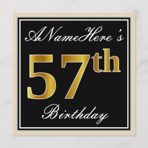 Invitation Elégant, Noir, Faux Or 57ème Anniversaire + Nom