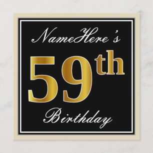 Invitation Elégant, Noir, Faux Or 59ème Anniversaire + Nom