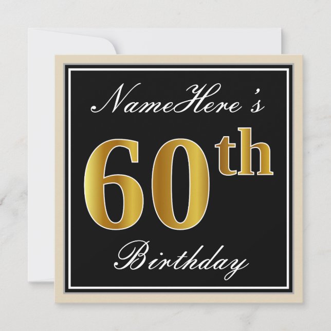 Invitation Elégant, Noir, Faux Or 60ème Anniversaire + Nom (Devant)