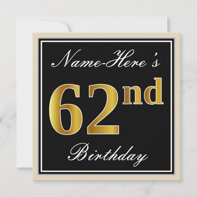 Invitation Elégant, Noir, Faux Or 62ème Anniversaire + Nom (Devant)