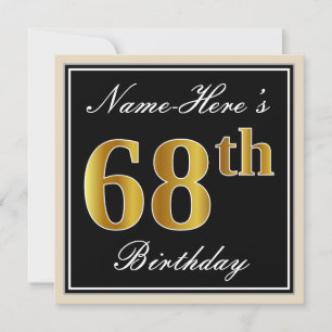 Invitation Elégant, Noir, Faux Or 68ème Anniversaire + Nom