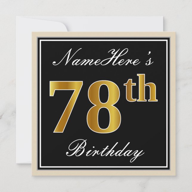 Invitation Elégant, Noir, Faux Or 78ème Anniversaire + Nom (Devant)