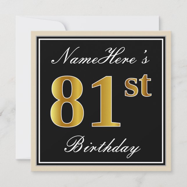 Invitation Elégant, Noir, Faux Or 81ème Anniversaire + Nom (Devant)