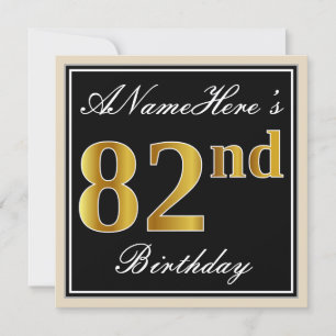 Invitation Elégant, Noir, Faux Or 82ème Anniversaire + Nom