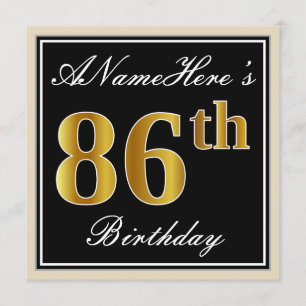 Invitation Elégant, Noir, Faux Or 86ème Anniversaire + Nom