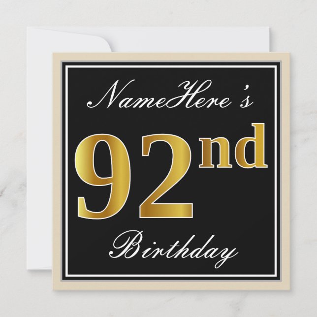 Invitation Elégant, Noir, Faux Or 92ème Anniversaire + Nom (Devant)