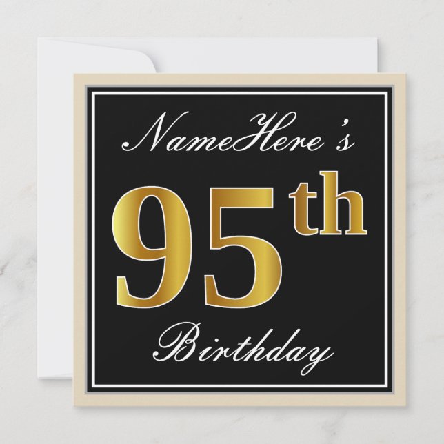 Invitation Elégant, Noir, Faux Or 95ème Anniversaire + Nom (Devant)