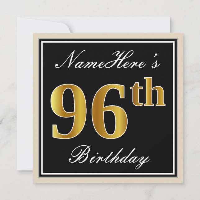 Invitation Elégant, Noir, Faux Or 96ème Anniversaire + Nom (Devant)