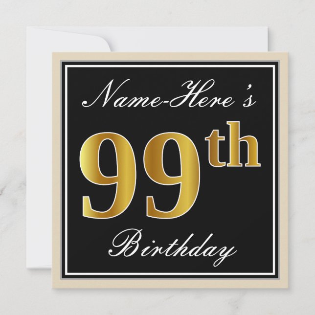 Invitation Elégant, Noir, Faux Or 99ème Anniversaire + Nom (Devant)