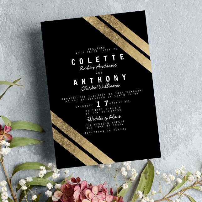 Invitation Elégant noir faux or moderne rayures mariage (Elegant black faux gold modern stripes wedding invitation )
