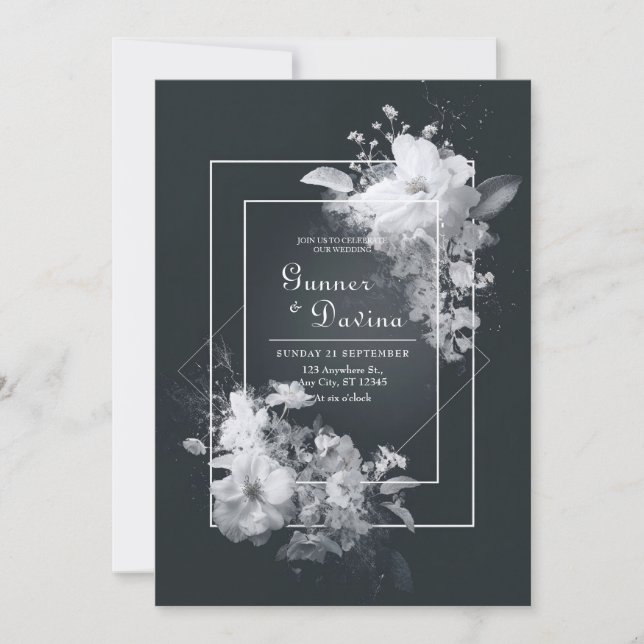 Invitation Élégant noir floral blanc Mariage Accents (Devant)