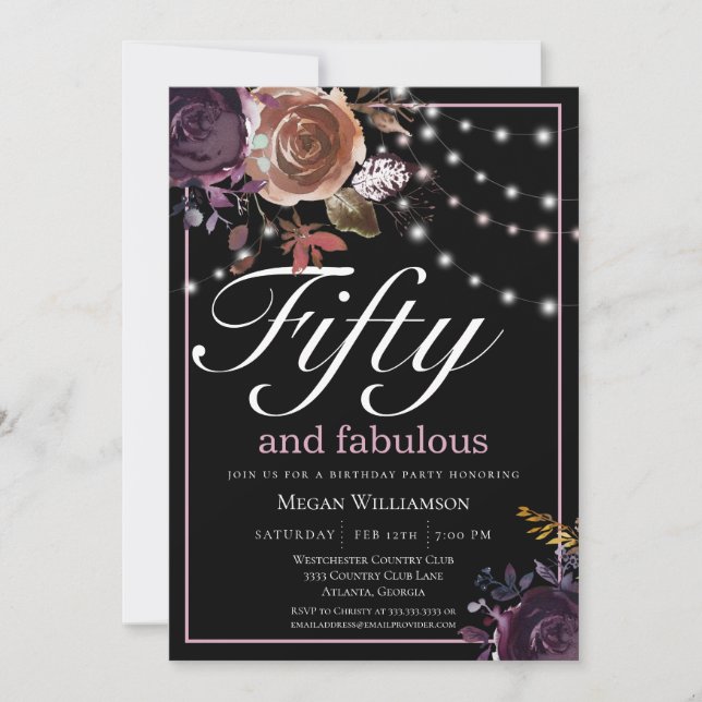 Invitation Elégant noir floral cinquante et fabuleux annivers (Devant)