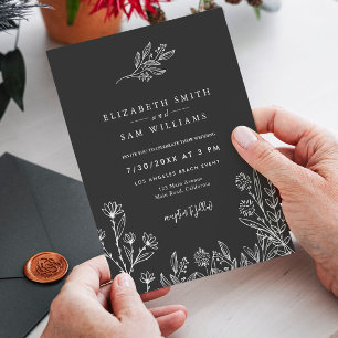 Invitation Élégant noir floral minimal Mariage simple
