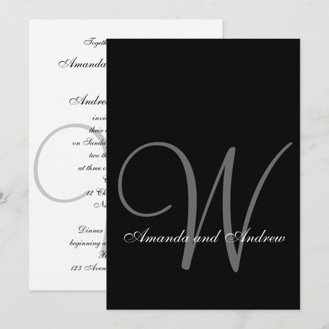 Invitation Élégant noir gris blanc Mariage Monogramme (Devant / Derrière)