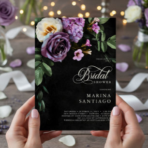 Invitation Elégant noir & lavande floral Script douche