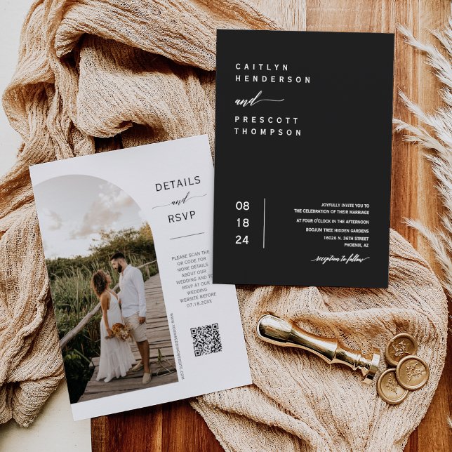 Invitation Élégant noir minimal Mariage Arch photo QR Code (Créateur téléchargé)