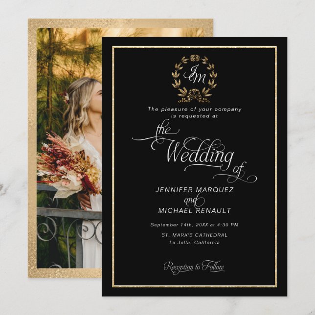 Invitation Élégant noir n or couronne Monogramme Mariage phot (Devant / Derrière)