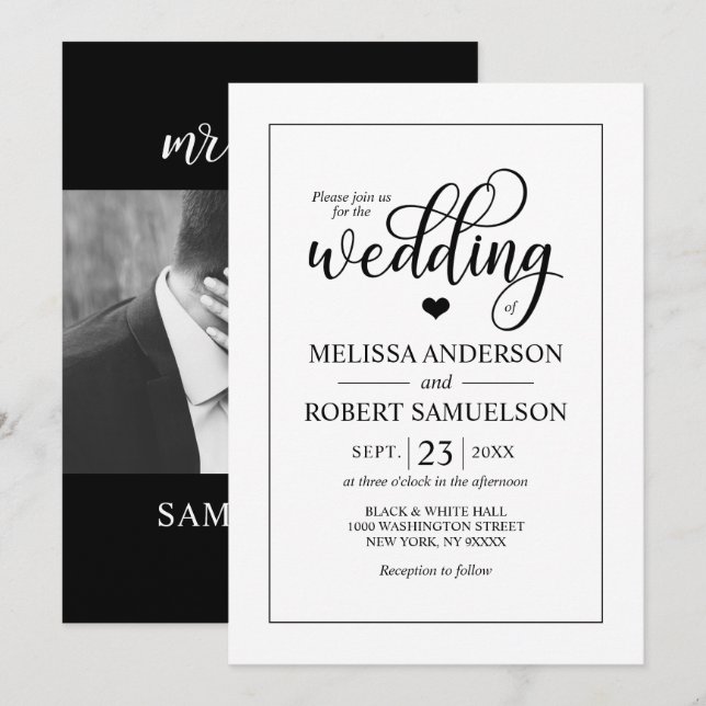 Invitation Élégant noir noir noir Mariage de script PHOTO (Devant / Derrière)