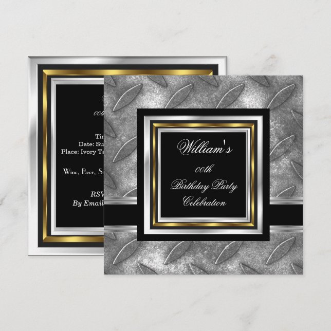 Invitation Elégant Noir Or Argent Homme métal d'anniversaire (Devant / Derrière)