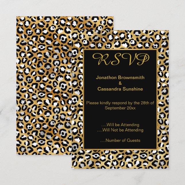 INVITATION ELEGANT NOIR OR EMPREINTE DE LÉOPARD RSVP (Devant / Derrière)