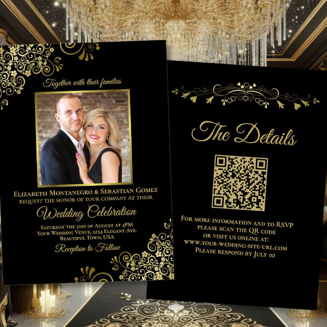 Invitation Élégant noir & or photo et Mariage de code QR (Front/Back)