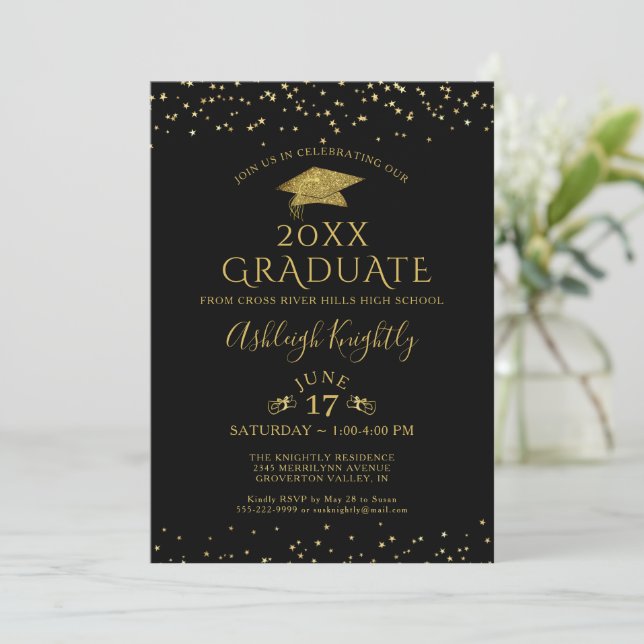 Invitation Élégant Noir Parties scintillant d'or Confetti Gra (Debout devant)