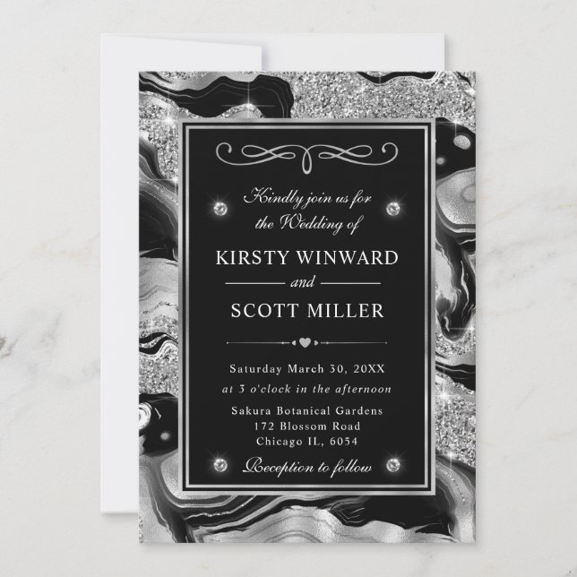 Invitation Élégant noir Parties scintillant et argent Mariage (Devant)