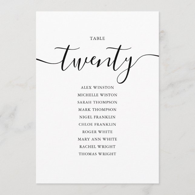 Invitation Élégant noir Script Tableau Numéro 20 Seating Char (Devant)
