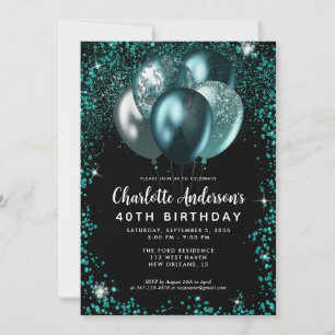 Invitation Elégant noir Turquoise Parties scintillant Balloon