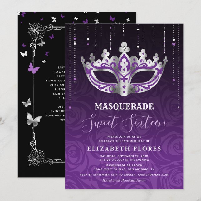 Invitation Elégant noir violet argent mascarade Sweet 16 (Devant / Derrière)