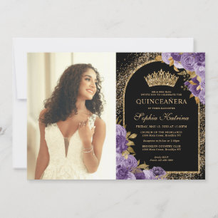 Invitation Elégant noir violet or Floral photo Quinceanera