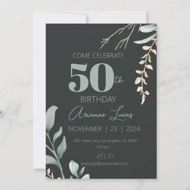 Invitation Élégant Nom personnalisé 50e anniversaire Noir (Devant)