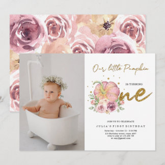 Invitation Élégant Notre Petit Citrouille Photo Premier Anniv
