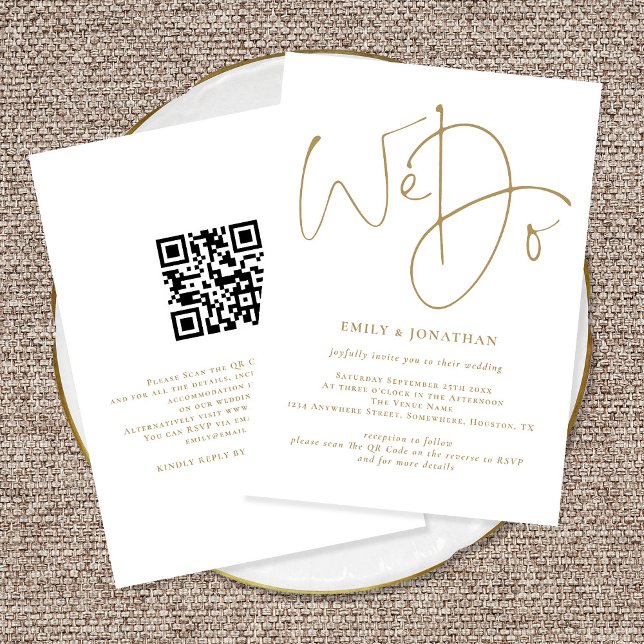 Invitation Élégant Nous faisons Gold Script QR Code Mariage (Front and Back View. Available printed or digitally.)