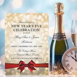 Invitation Elégant Nouvel An Eve Gold Bokeh éclaire Red Bow