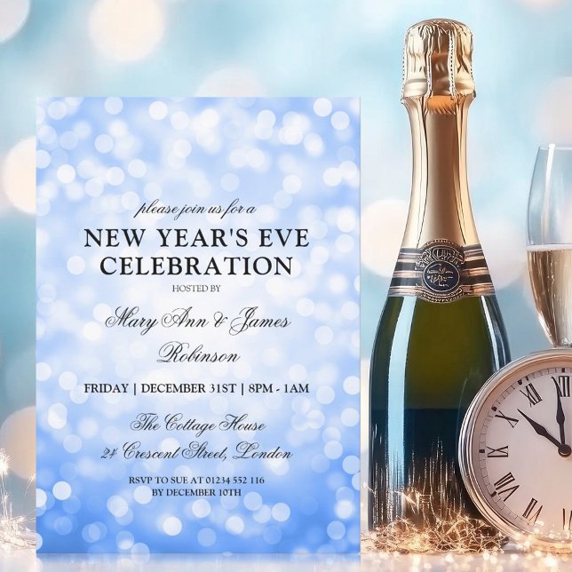 Invitation Élégant Nouvel An Eve Navy Blue Bokeh Lumières (Elegant New Years Eve Navy Blue Bokeh Lights Invitation)