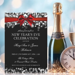 Invitation Élégant Nouvel An Silver Lumière Chimieuse Bow