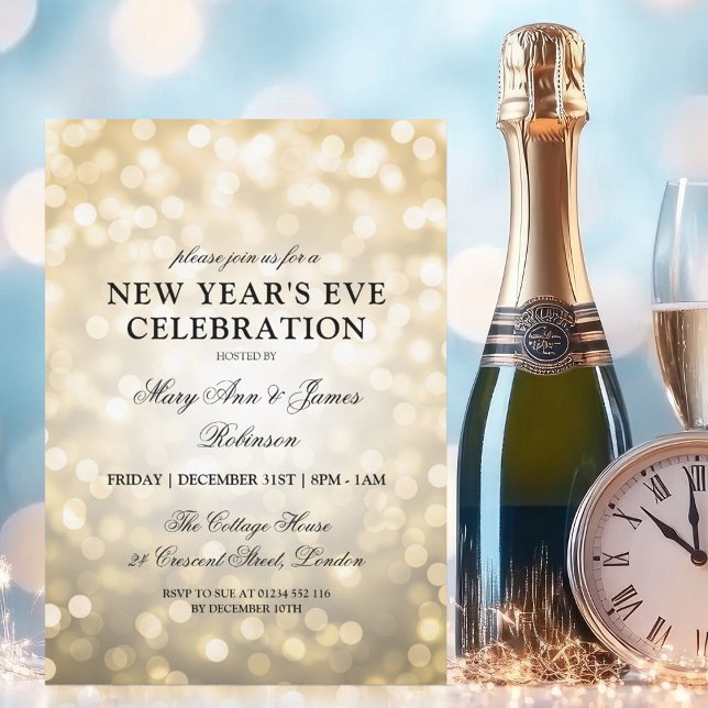 Invitation Élégant Nouvel An Sove Party Gold Bokeh Lumières (Elegant New Years Eve Party Gold Bokeh Lights Invitation)
