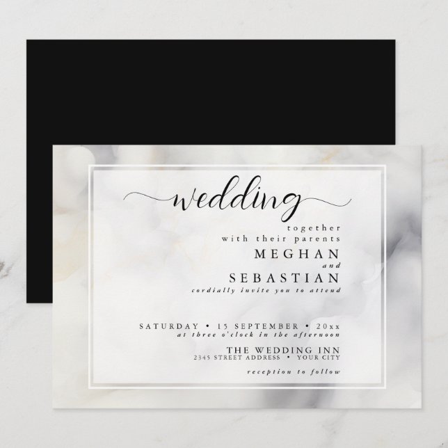 Invitation Elégant nuages gris et or pâle doux (Devant / Derrière)