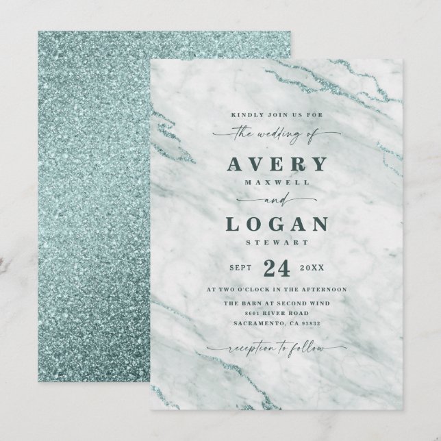 Invitation Elégant Ocean Aqua Marbre & Parties scintillant Ma (Devant / Derrière)
