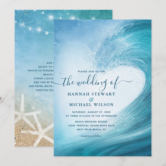 Invitation Elégant Ocean Wave Tropical Beach Mariage (Devant / Derrière)