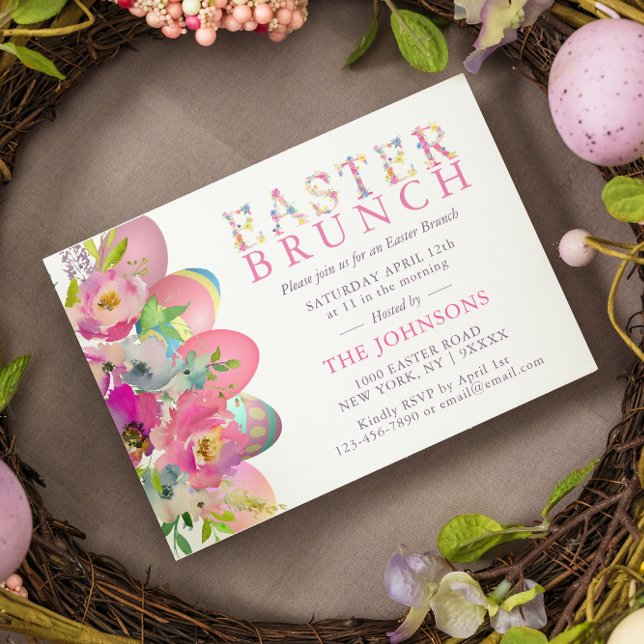 Invitation Elégant Oeufs aquarelle Floral Pâques BRUNCH (Créateur téléchargé)