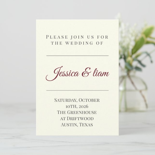 Invitation Elegant Off-White & Burgundy Minimalist Wedding (Debout devant)