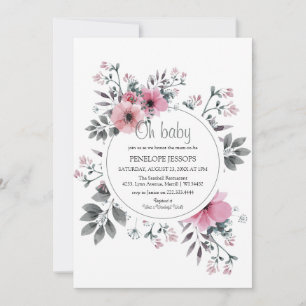 Invitation Élégant 'Oh Baby' Baby Shower Floral Rose et Gris