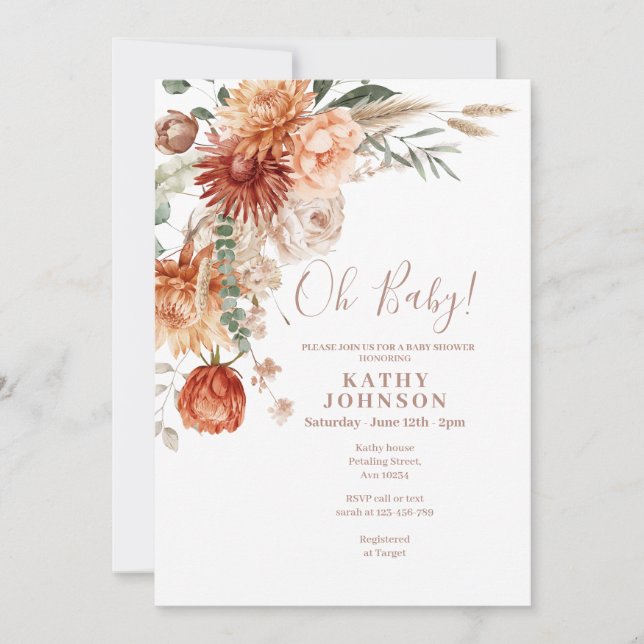 Invitation Élégant Oh Baby Boho Terracota Baby shower Floral (Devant)