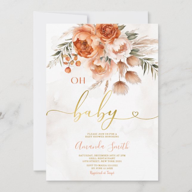 Invitation Élégant Oh Baby Burnt Orange Fleurs Baby shower (Devant)
